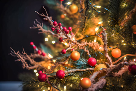 Beautiful Christmas tree decorated with toys and garlands on dark background. Generative AI.の素材