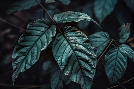 Close up of green leaves with dark background. Generative AI.の素材