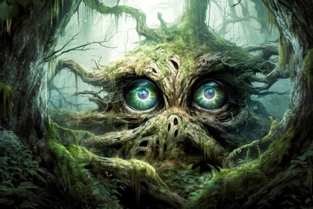 Fantasy green forest with old tree and eyes. Generative AI.の素材