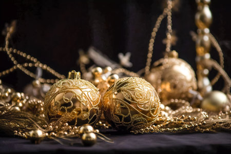 Golden Christmas balls on wooden background. New Year and Christmas decoration. Generative AI.の素材