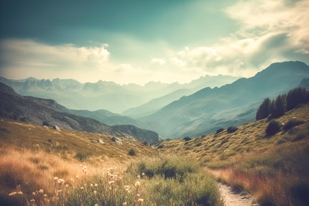 Beautiful mountain landscape with hiking trail in the mountains. Generative AI.の素材