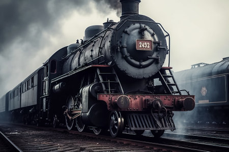 Vintage steam locomotive on the railroad tracks. retro style. Generative AI.の素材