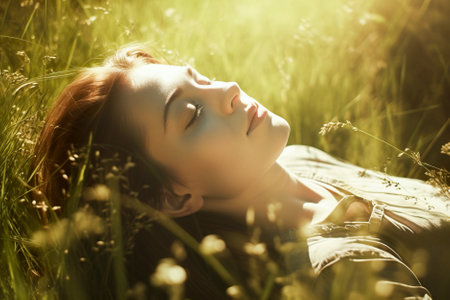 Beautiful young woman lying on green grass in the park at sunset. Generative AI.の素材