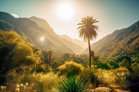 Palm trees at sunset. Generative AI.の素材