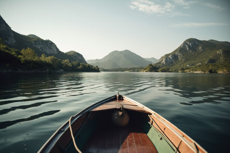 Boat on the lake. Generative AI.の素材