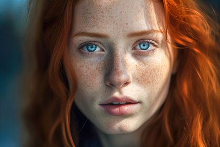 Close-up portrait of a beautiful red-haired girl with freckles. Generative AI.の素材