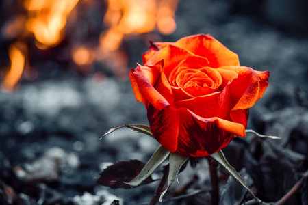 Close-up of a red rose on a dark background with fire and smoke. Generative AI.の素材