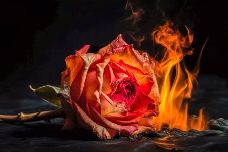 Close-up of a red rose on a dark background with fire and smoke. Generative AI.の素材