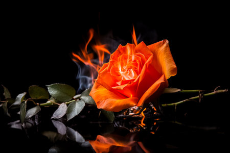 Close-up of a red rose on a dark background with fire and smoke. Generative AI.の素材