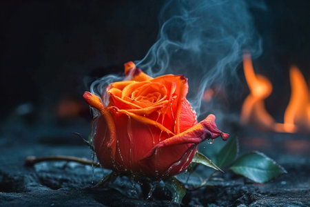 Close-up of a red rose on a dark background with fire and smoke. Generative AI.の素材