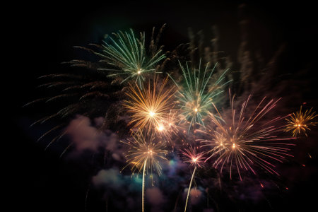 Colorful fireworks of various colors over night sky background, celebration concept. Generative AI.の素材
