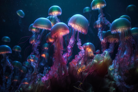Jellyfish swimming in the water. Underwater photo of marine life. Generative AI.の素材