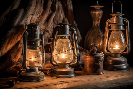 Vintage kerosene lamp on a wooden background. selective focus. Generative AI.の素材