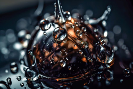 Macro shot of a water drop on a black reflective surface. Generative AI.の素材