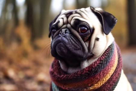 Cute pug dog with colorful scarf on his neck looking at camera. Generative AI.の素材