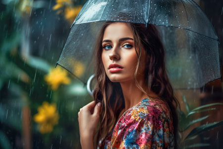 Portrait of beautiful young woman with umbrella on the rainy day. Generative AI.の素材
