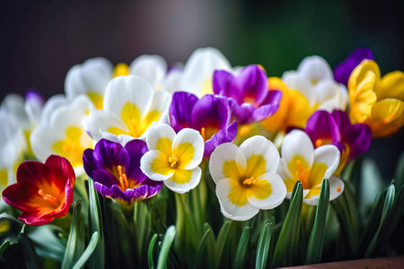 Colorful crocuses and tulips in a vase. Generative AI.の素材