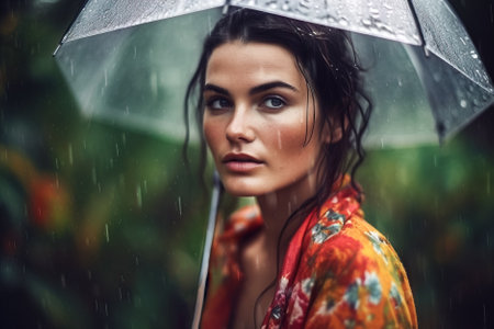 Portrait of beautiful young woman with umbrella on the rainy day. Generative AI.の素材