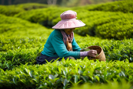 Senior woman picking tea leaves at tea. Generative AI.の素材