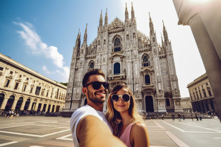 summer holidays, travel, tourism and dating concept - smiling couple taking selfie with smartphone in front of Milan cathedral. Generative AI.の素材