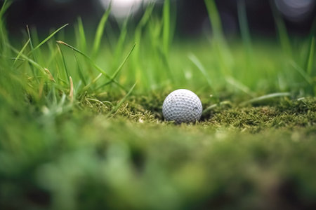 Golf ball on green grass. Close up golf ball on green grass. Golf ball on green grass. Generative AI.の素材