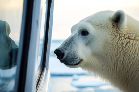 Polar bear (Ursus maritimus) looking out the window of a cruise ship. Generative AI.の素材