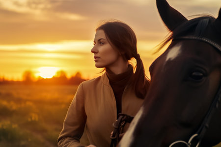 Beautiful young woman with a horse in the field at sunset. Generative AI.の素材