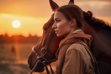 Beautiful young woman with a horse in the field at sunset. Generative AI.の素材