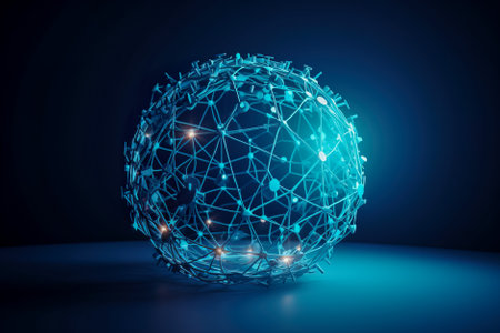 Abstract sphere with glowing lines and dots on blue background. Generative AI.の素材