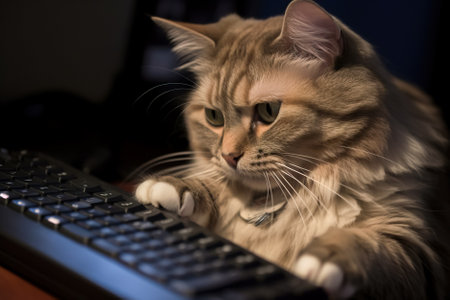 Siberian cat lies on the keyboard and looks at the camera. Generative AI.の素材