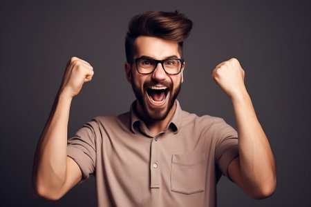 Portrait of a happy young man celebrating success over gray background. Generative AI.の素材