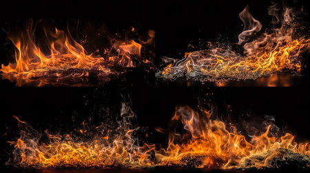 Collection of beautiful fire flames isolated on black background. Generative AI.の素材