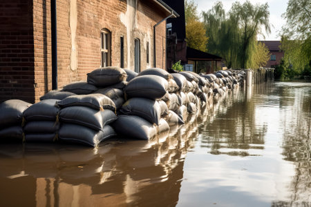 flood in the city sandbags and water. Generative AI.の素材