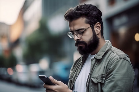 young handsome bearded hipster man using mobile phone outdoors in the city. Generative AI.の素材
