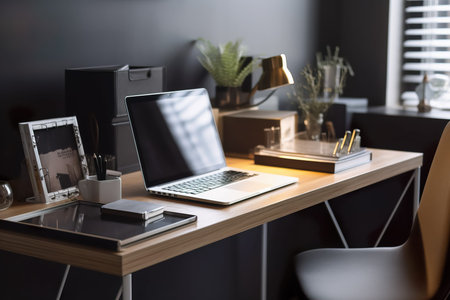Close up of modern workplace with laptop, coffee cup and other items. Generative AI.の素材