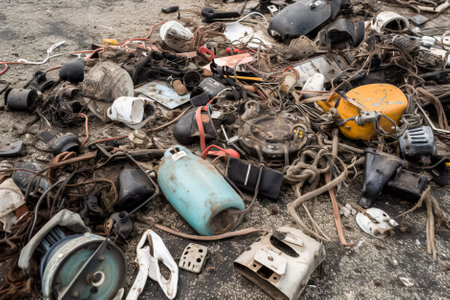 Pile of used rubber and plastic waste lying on the sand of a beach. Generative AI.の素材