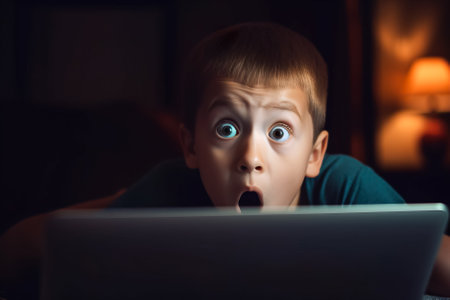 Surprised boy looking at laptop screen. Portrait of surprised boy looking at computer monitor. Generative AI.の素材