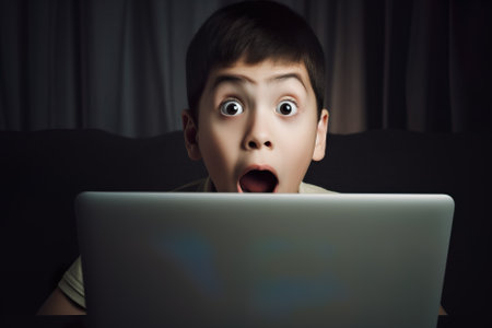 Surprised boy looking at laptop screen. Portrait of surprised boy looking at computer monitor. Generative AI.の素材