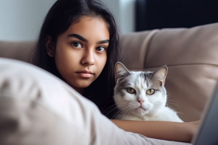Portrait of a beautiful young woman with a cat on the couch. Generative AI.の素材