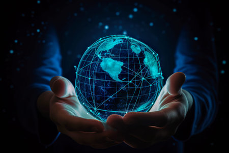 Close up of businessman holding in palms glowing earth globe. Generative AI.の素材