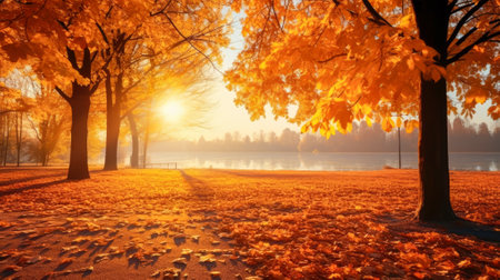 Autumnal alley in the park with golden trees and sun rays. Generative AI.の写真素材