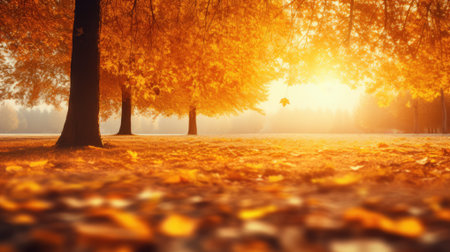 Autumnal alley in the park with golden trees and sun rays. Generative AI.の写真素材
