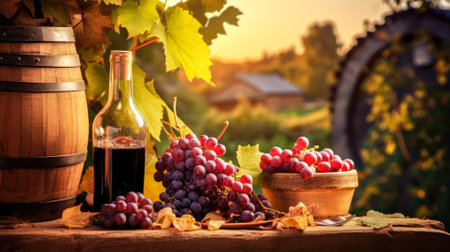 Still life with wine, grapes and old barrel on vineyard background. Generative AI.の写真素材