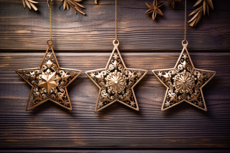 Christmas gingerbread cookies in the shape of stars on a wooden background. Generative AI.