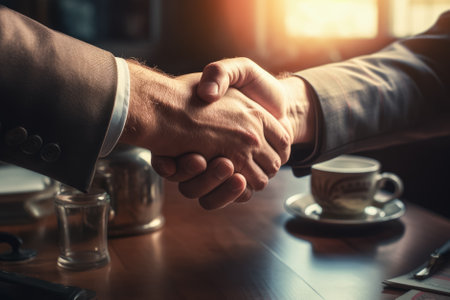 Close-up of two businessmen shaking hands in office. Handshake concept. Generative AI.の写真素材