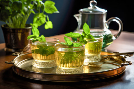 Mint tea in a glass and teapot on a tray. Generative AI.の写真素材