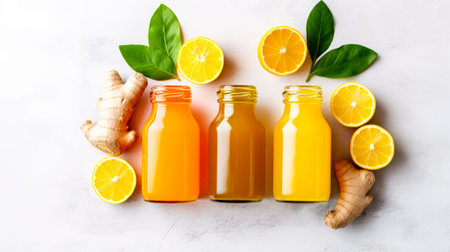 Bottles of ginger and lemon juice on light background. top view. Generative AI.