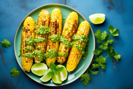 Grilled corn with pesto sauce and lime on a blue background. Generative AI.の写真素材
