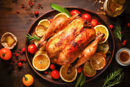 thanksgiving day. Roasted turkey or chicken on rustic wooden background. Generative AI.の写真素材