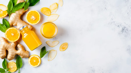 Ginger and orange juice in a glass bottle on a white background. Generative AI.